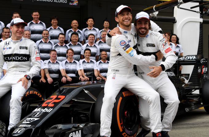 Button would finish his career with McLaren, partnering Fernando Alonso (right) for two seasons before announcing his retirement in 2016. 