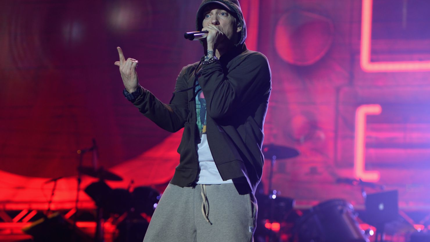 Eminem performing at Lollapalooza in Chicago in 2014. 
