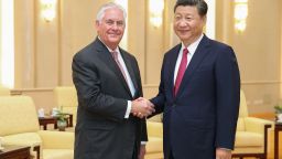 BEIJING, CHINA - SEPTEMBER 30:  U.S. Secretary of State Rex Tillerson (L) shakes hands with Chinese President Xi Jinping (R) before their meeting at the Great Hall of the People on September 30, 2017 in Beijing, China. (Photo by Lintao Zhang/Pool/Getty Images)