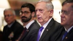 ARLINGTON, VA - OCTOBER 19: U.S. Defense Secretary James Mattis (2nd R) answers reporters' quesitons about the American soliders who were killed in Niger before a lunch meeting with Israeli Defense Minister Avigdor Lieberman and other officials at the Pentagon on October 19, 2017 in Arlington, Virginia. (Chip Somodevilla/Getty Images)