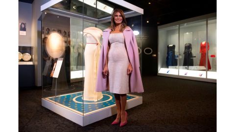 First lady Melania Trump stands alongside the gown she wore to the 2017 inaugural balls as <a href="http://www.cnn.com/2017/10/18/politics/melania-trump-gown-smithsonian/index.html">she donates the dress</a> to the Smithsonian's First Ladies Collection at the Smithsonian National Museum of American History in Washington on October 20, 2017.