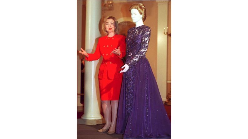 First lady Hillary Clinton donates the dress she wore to the 1993 inaugural balls to the Smithsonian's National Museum of American History on March 6, 1995.