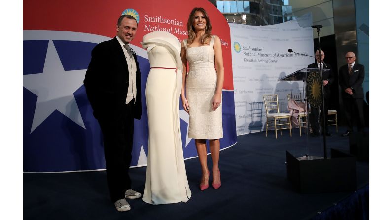 U.S. first lady Melania Trump and fashion designer Herve Pierre attend an event at the Smithsonian National Museum of American History where the first lady donated her inaugural gown to the museum October 20, 2017 in Washington, DC. The first lady said, 'Today is such an honor as I dedicate my inaugural couture piece to the First Ladies exhibit at the National Museum of American History.'