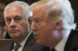 US President Donald Trump speaks alongside Secretary of State Rex Tillerson (L) during a Cabinet Meeting in the Cabinet Room of the White House in Washington, DC, October 16, 2017. / AFP PHOTO / SAUL LOEB        (Photo credit should read SAUL LOEB/AFP/Getty Images)