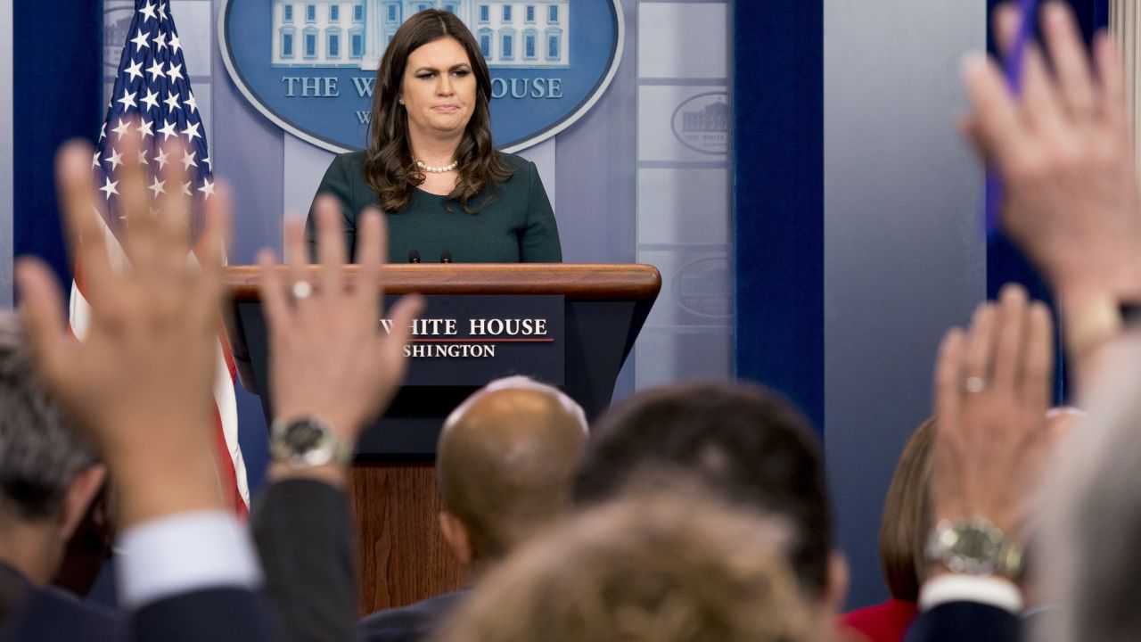 White House press secretary Sarah Huckabee Sanders pauses while speaking to the media during the daily briefing in the Brady Press Briefing Room of the White House, Friday, Oct. 20, 2017, in Washington. (AP/Andrew Harnik)