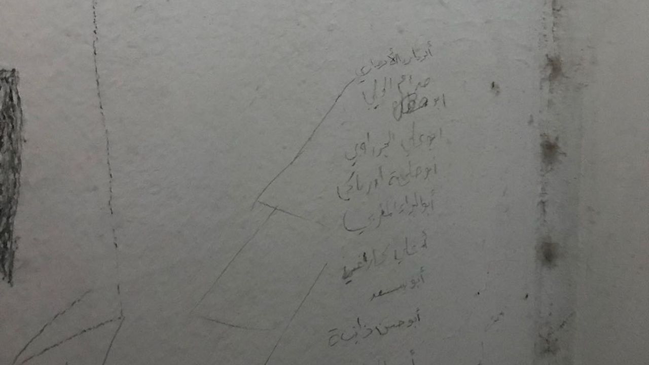 One captive, Abu Hussein Duar, has written the word "nightmare" in Russian under his name. Below that, a list of names in Arabic. 