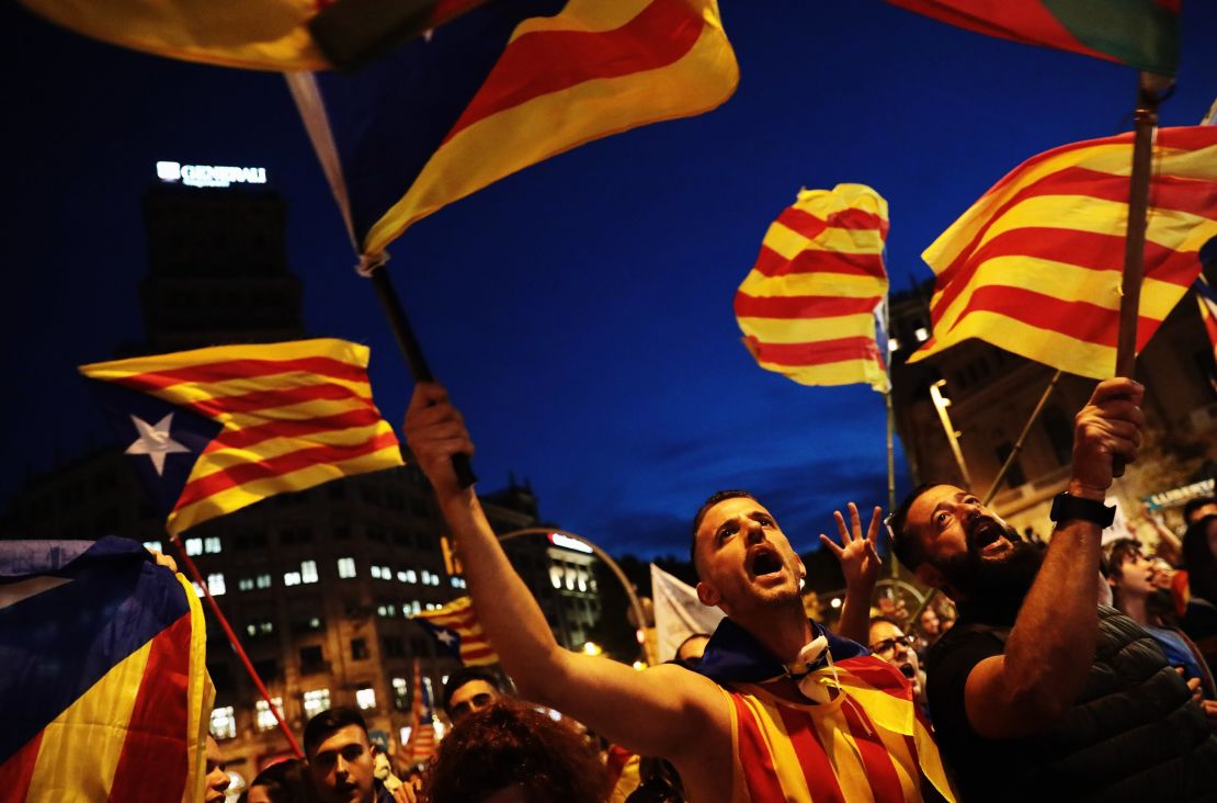 Protesters gather in Barcelona's city center on Saturday. 