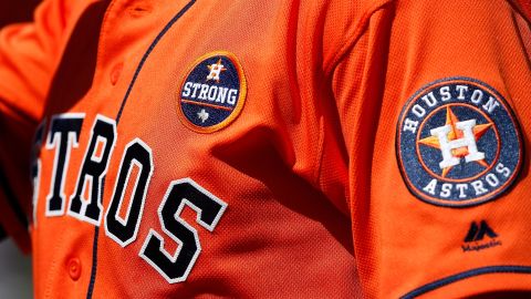 The "Houston Strong" patch on the Astros' uniforms, worn as a gesture for Harvey's victims.