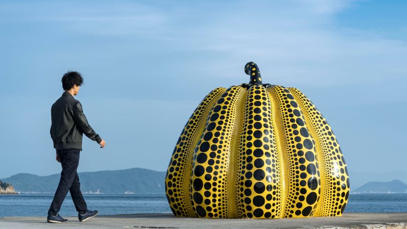 Internationally renowned Japanese artist Yayoi Kusama has installed one of her famous polka dot pumpkins on the end of a pier on the island.