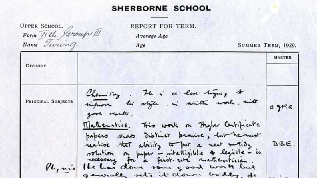 Alan Turing's school report which is on display at the Codebreakers and Groundbreakers exhibition at Cambridge's Fitzwilliam Museum.