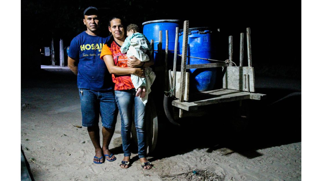 Tamires Goldino Filho with her husband, Eduardo, and son João Lucas. They must travel two hours each way from their home in Monteiropolis, Alagoas, to get physiotherapy for João Lucas.