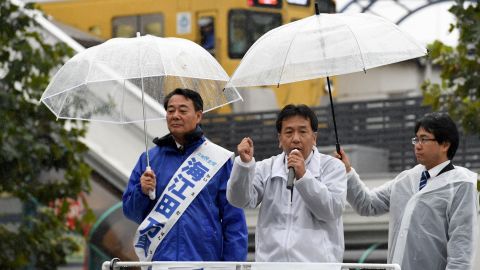 Yukio Edano, head of the Constitutional Democratic Party of Japan, rallies supporters in Tokyo on October 19.