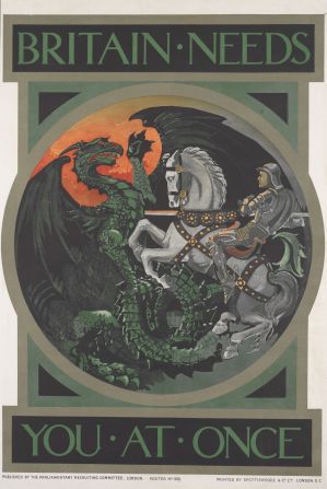 The designs had a very modern and sleek look that was in contrast with most propaganda posters of the time. This one from 1915, for World War I, depicted Saint George, a national symbol common to several of the combatants in the War.
