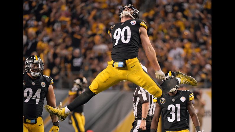 Pittsburgh linebacker T.J. Watt celebrates a sack during an NFL game against Cincinnati on Sunday, October 22. Pittsburgh won 29-14 to take a two-game lead in the AFC North division.