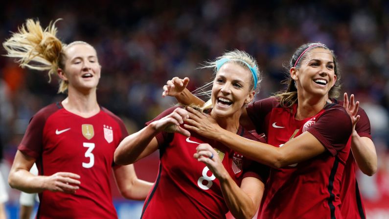US midfielder Julie Ertz, center, celebrates after scoring the opening goal of an international friendly against South Korea on Thursday, October 19. The Americans won 3-1 in New Orleans.