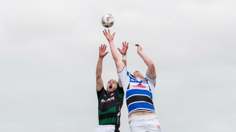 South Canterbury's Luke Brice, left, and Wanganui's Campbell Hart compete for a lineout during a rugby match in Timaru, New Zealand, on Saturday, October 21.