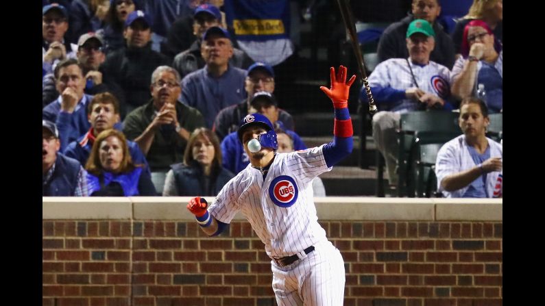 Chicago Cubs second baseman Javier Baez blows a bubble after hitting a home run in Game 4 of the National League Championship Series on Wednesday, October 18. The Cubs won the game but lost the series.