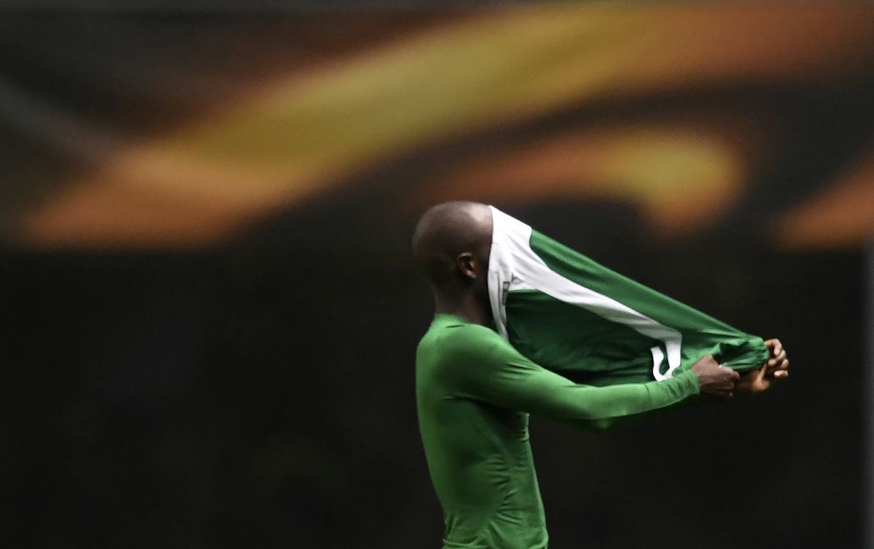 Jody Lukoki, a forward with the Bulgarian soccer club Ludogorets, takes off his jersey in Braga, Portugal, on Thursday, October 19. Ludogorets defeated Braga 2-0 in a Europa League group stage match.