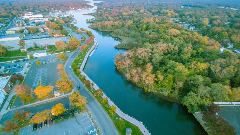 <strong>From above: </strong>Long Island's East End splits into tattered peninsulas, a northern and southern fork. Across the Peconic Bay (pictured), the North Fork is topped off by the calmer Long Island Sound.