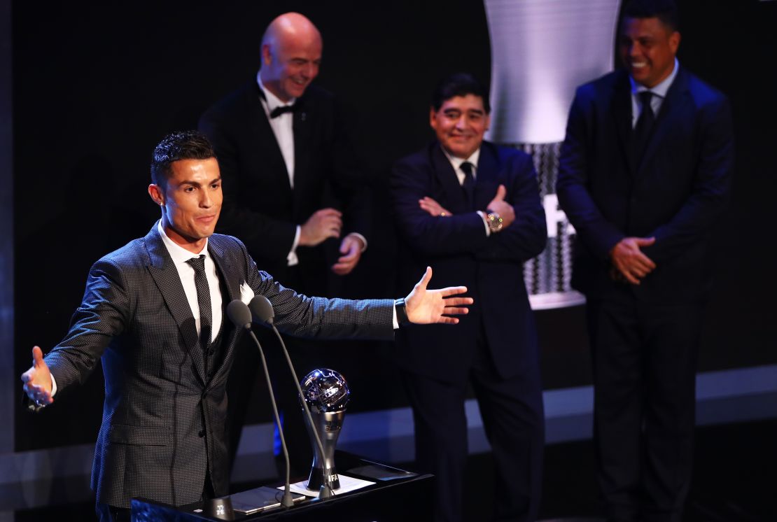 Cristiano Ronaldo collects his award as the Best FIFA men's player 2017.