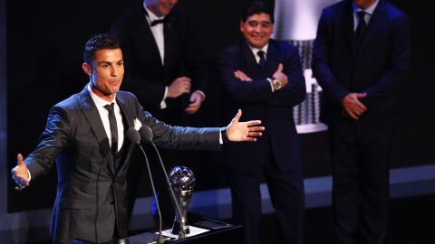 Cristiano Ronaldo collects his award as the Best FIFA men's player 2017.