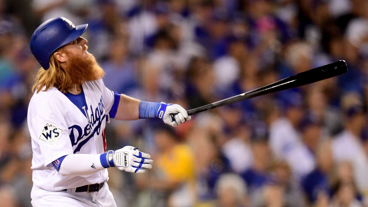 Justin Turner of the Los Angeles Dodgers reacts after hitting a two-run home run during the sixth inning in Game 1 of the 2017 World Series.