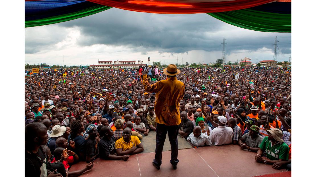 Raila Odinga, of the opposition National Super Alliance coalition, delivers a speech to supporters at a rally in Kisumu on Friday.