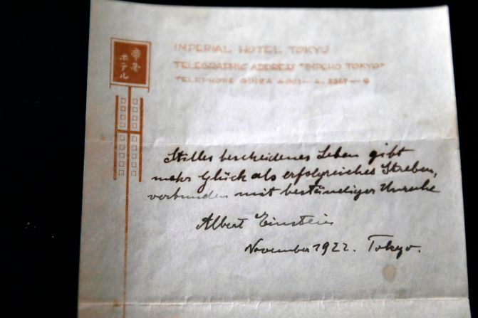 The notes written in German, which the famed physicist gave to a Tokyo courier in November 1922 in lieu of a tip, contain two aphorisms for happiness.