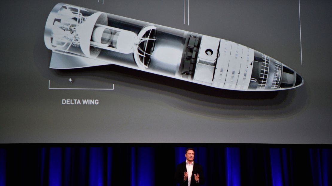 Elon Musk reveals a computer-generated image of the upcoming SpaceX BFR rocket.