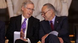 WASHINGTON, DC - OCTOBER 25:  U.S. U.S. Senate Majority Leader Sen. Mitch McConnell (R-KY) (L) chats with Senate Minority Leader Sen. Chuck Schumer (D-NY) (R) during a Congressional Gold Medal presentation ceremony October 25, 2017 at the U.S. Capitol Visitor Center in Washington, DC. (Alex Wong/Getty Images)