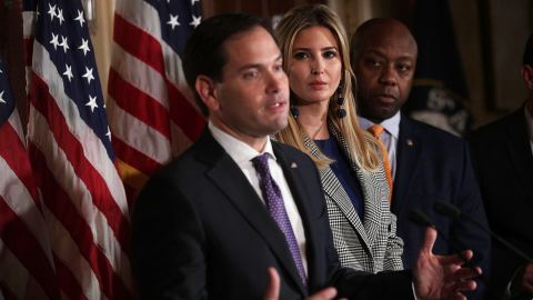 WASHINGTON, DC - OCTOBER 25:  (L-R) U.S. Sen. Marco Rubio (R-FL) speaks as Ivanka Trump and Sen. Tim Scott (R-SC) listen during a news conference October 25, 2017 at the Capitol in Washington, DC. (Alex Wong/Getty Images)