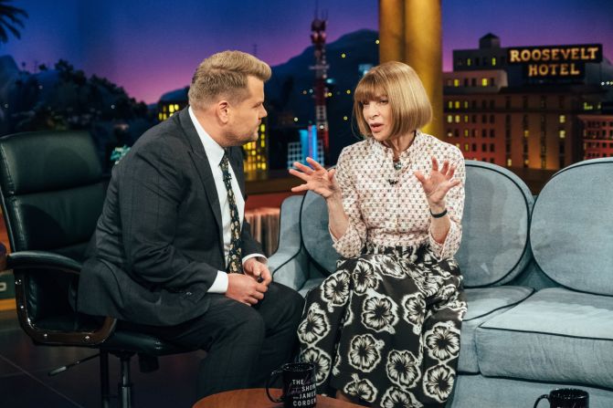 Anna Wintour chats with James Corden during "The Late Late Show with James Corden" in October 2017.