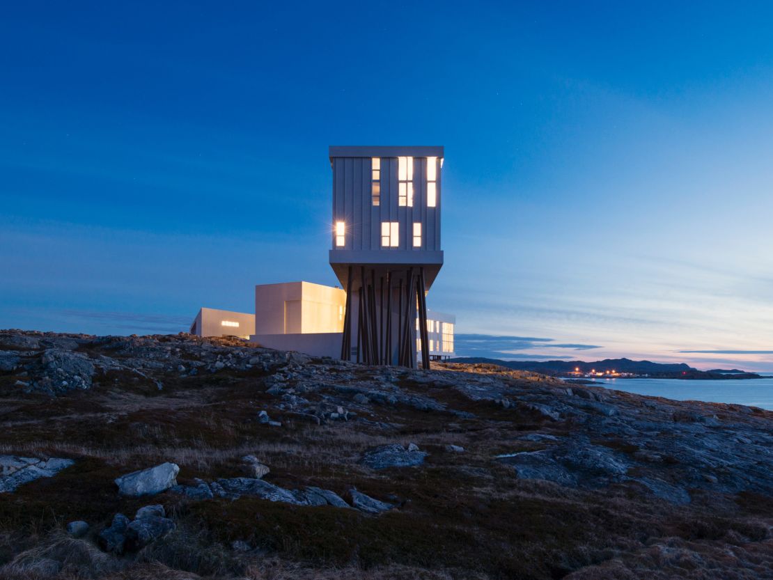 The Fogo Island Inn sits on stilts in part to reduce its impact on the terrain.