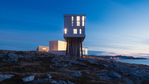 The Fogo Island Inn sits on stilts in part to reduce its impact on the terrain.