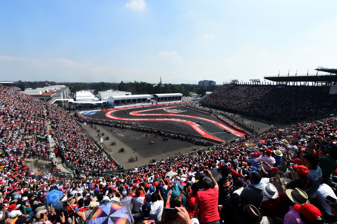 The stadium section at the Mexican Grand Prix is packed with fans during race weekend.