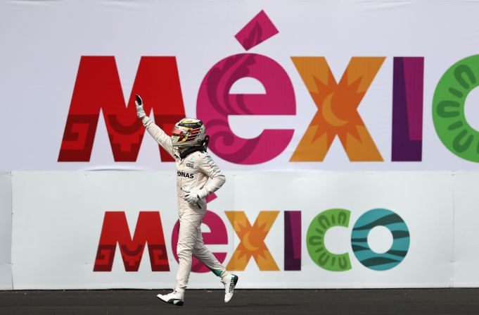 Lewis Hamilton celebrates victory at the 2016 Mexican Grand Prix. The Mercedes driver needs just 10 points this year to clinch the 2017 F1 world title. 
