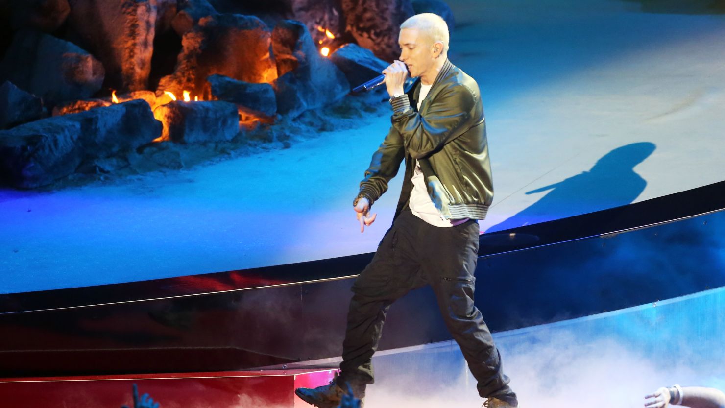 Rapper Eminem performs onstage at the 2014 MTV Movie Awards at Nokia Theatre L.A. Live on April 13, 2014 in Los Angeles, California.