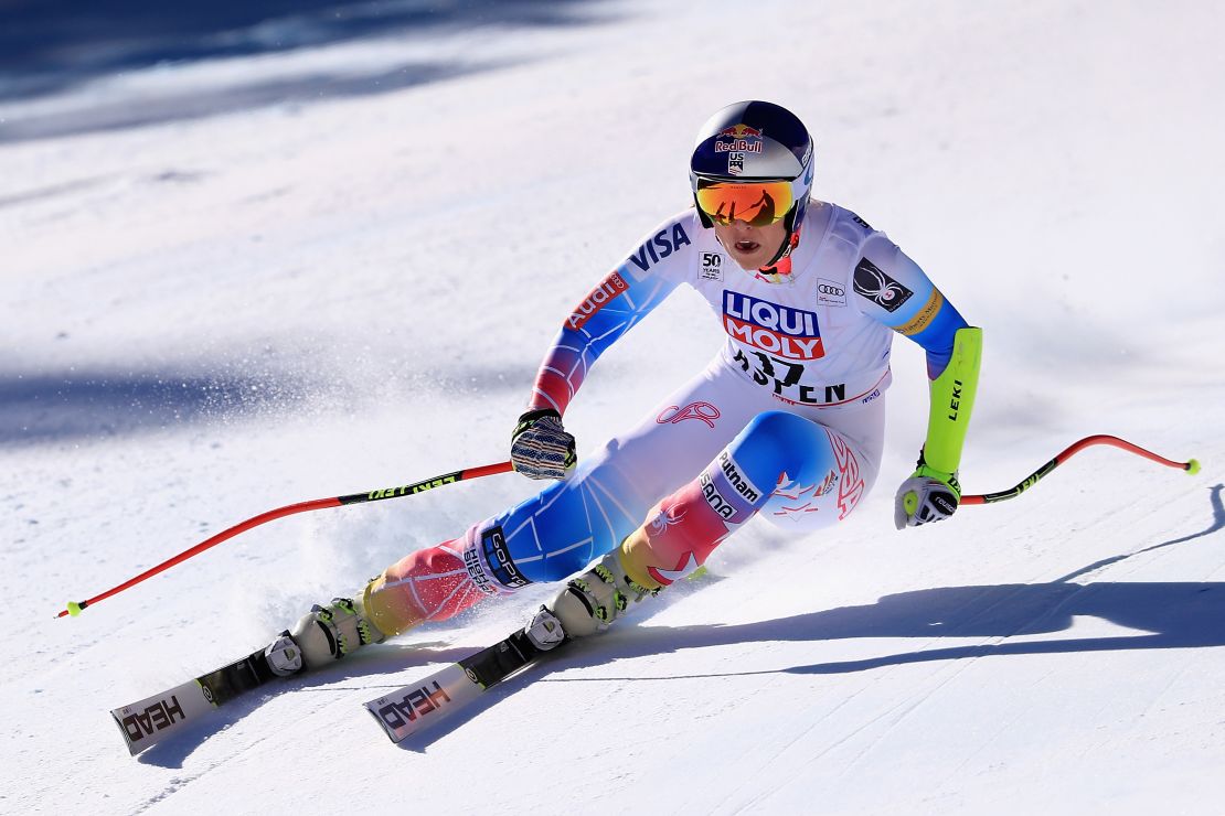 Vonn is pictured competing in the women's Super-G on March 16, 2017 in Aspen, Colorado. 