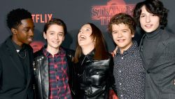 LOS ANGELES, CA - OCTOBER 26:  (L-R) Caleb McLaughlin, Noah Schnapp, Millie Bobby Brown, Gaten Matarazzo, and Finn Wolfhard attend the premiere of Netflix's "Stranger Things" Season 2 at Regency Bruin Theatre on October 26, 2017 in Los Angeles, California.  (Photo by Frazer Harrison/Getty Images)