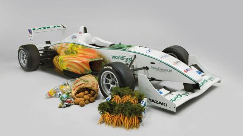 This British-built "WorldFirst Formula 3 racing car" has a biodiesel engine configured to run on fuel derived from chocolate and vegetable oil. The bodywork, steering wheel and seats are made from various vegetable fibers mixed with resin.<br /><br />The racing car is 95% biodegradable and can still do 200 km/h around corners. It was unveiled by researchers from Warwick University in 2009.