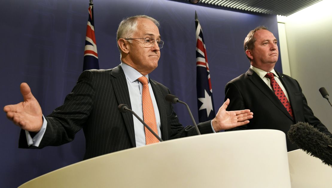 Australia's Prime Minister Malcolm Turnbull and then Deputy Prime Minister Barnaby Joyce address the media in Sydney in July  2016.