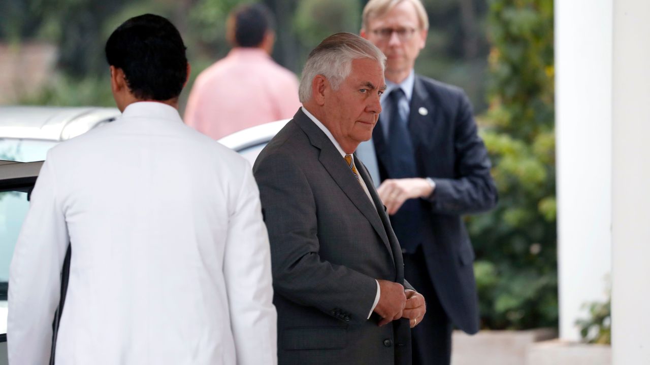 US Secretary of State Rex Tillerson arrives for a meeting with Indian Prime Minister Narendra Modi at the Indian leader's residence in New Delhi on October 25, 2017.