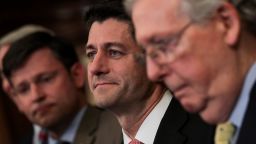 WASHINGTON, DC - SEPTEMBER 27: (L to R) Speaker of the House Paul Ryan (R-WI) and Senate Majority Leader Mitch McConnell (R-KY) looks on during a press event to discuss their plans for tax reform, September 27, 2017 in Washington, DC. On Wednesday, Republican leaders proposed cutting tax rates for the middle class, wealthy and businesses. Key questions remain on how they plan to offset the trillions of dollars in lost tax revenue. (Photo by Drew Angerer/Getty Images)