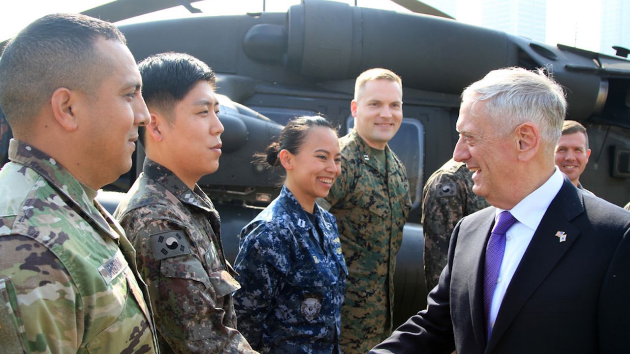 US Secretary of Defense James Mattis meets US and South Korean troops at Yongsan garrison in Seoul, South Korea. 