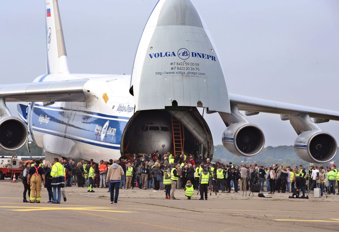 The Boeing 737 named Landshut was flown back from Brazil to Germany inside a giant cargo aircraft.  