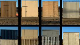 This combination of pictures shows the eight prototypes of US President Donald Trump's US-Mexico border wall being built near San Diego, in the US, seen from across the border from Tijuana, Mexico, on October 22, 2017. 
Following up on President Donald Trump's campaign promise to build a wall along the entire 3,200 kilometre (2,000 mile) Mexican frontier, the Department of Homeland Security began building prototypes for the barrier along the border in San Diego and Imperial counties, as it announced in August. / AFP PHOTO / GUILLERMO ARIAS        (Photo credit should read GUILLERMO ARIAS/AFP/Getty Images)