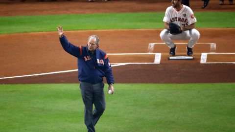 Former President George W. Bush throws out the ceremonial first pitch to Justin Verlander of the Houston Astros before Game 5 of the 2017 World Series at Minute Maid Park on October 29, 2017, in Houston.