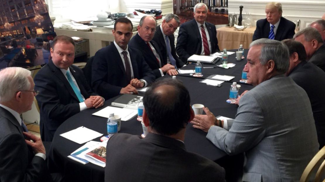 George Papadopoulos, pictured second from the left in March 2016 in a National Security Meeting with President Donald Trump, far right, and Jeff Sessions, far left. 