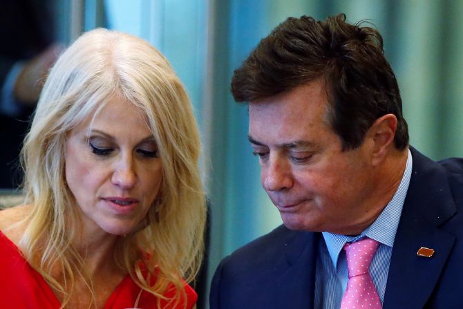 Manafort and then-Trump campaign manager Kellyanne Conway speak during a roundtable discussion on security at Trump Tower in New York City on August 17, 2016.<br />