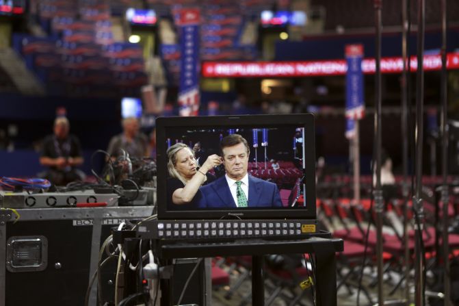 Manafort gets set up for an an interview before the Republican convention at the Quicken Loans Arena in Cleveland on July 17, 2016.<br />